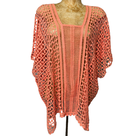 Chicos Alex Crochet Poncho Womens L/XL Ardent Coral Cotton NEW Boho Beach Resort - Picture 1 of 9